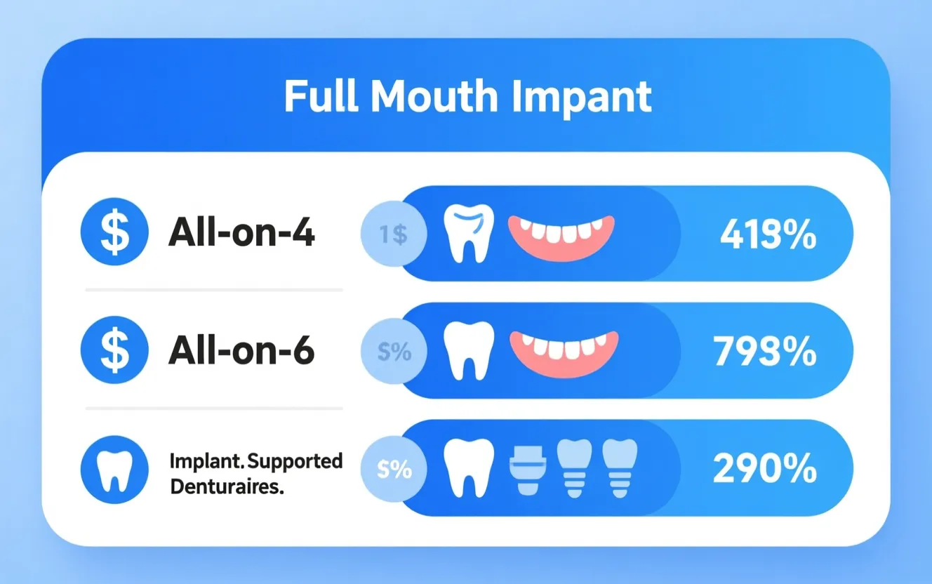Infographic comparing full mouth dental implant options and price ranges in 2026