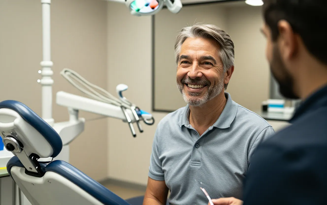 Smiling patient after dental implant consultation at a modern US dental clinic
