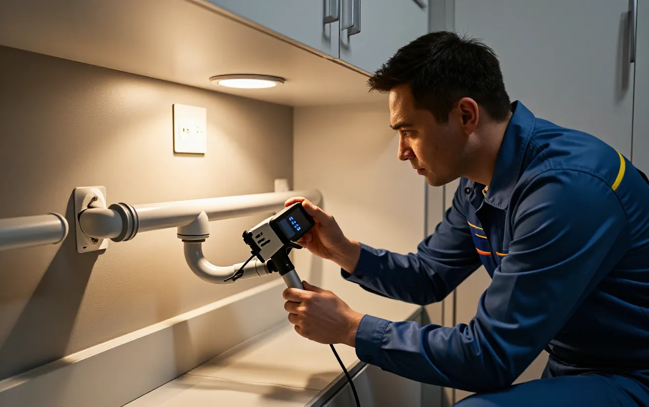 Professional plumber inspecting residential drain pipe with camera inspection system in 2026
