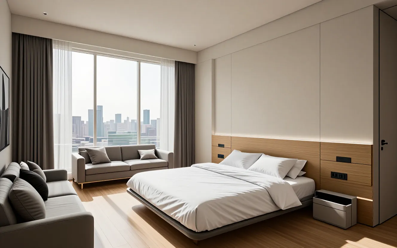Modern studio apartment interior in 2026 with smart storage solutions