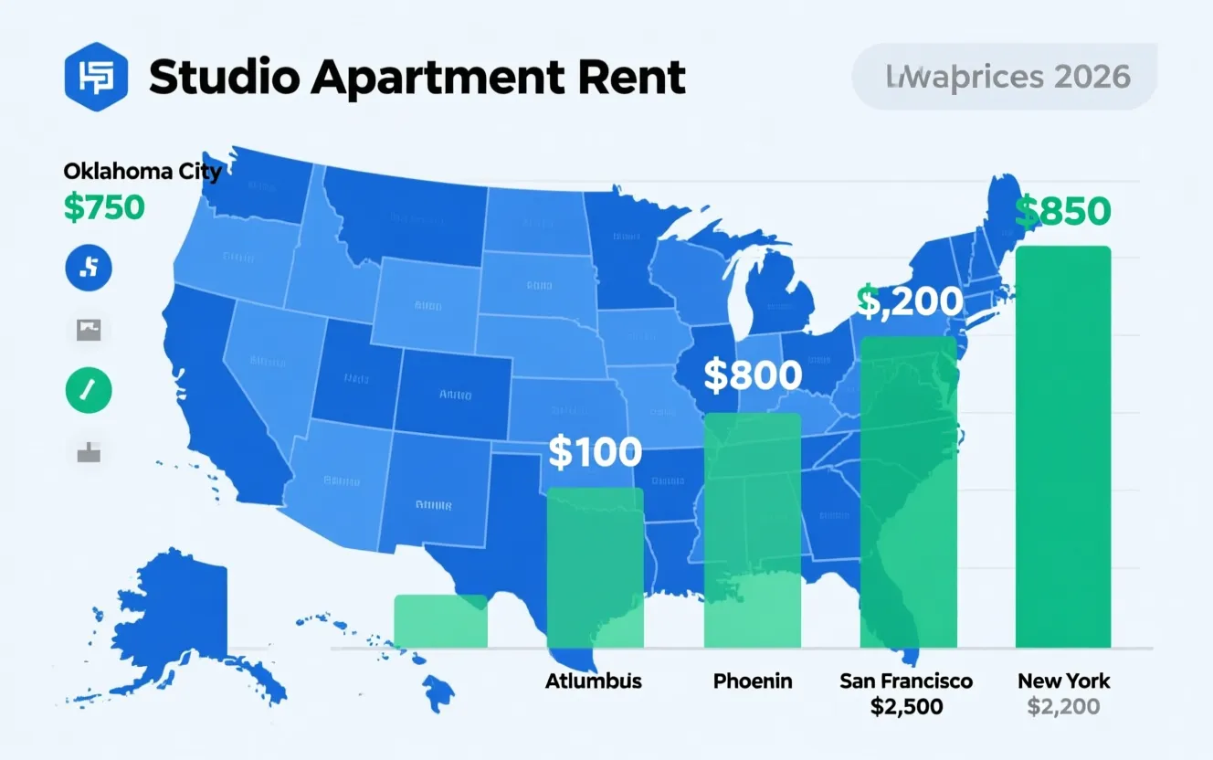 Studio apartment rent comparison infographic across US cities 2026